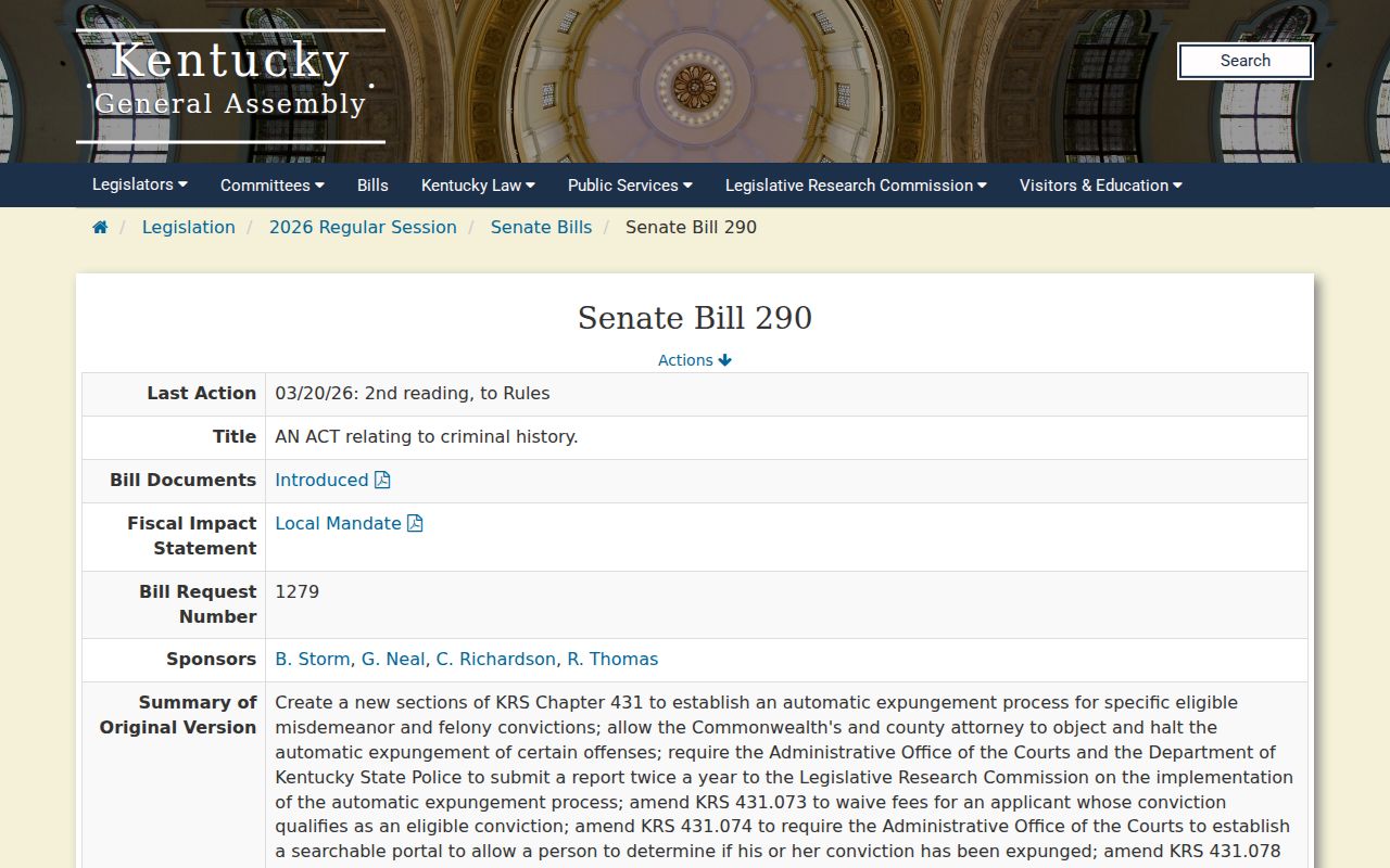 Washington County expungement record Kentucky Senate Bill 290 status